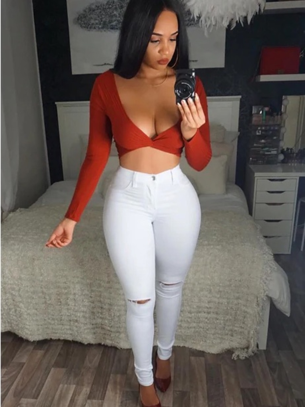 Fashion Nova Rust Twist Front Long Sleeve Crop Top